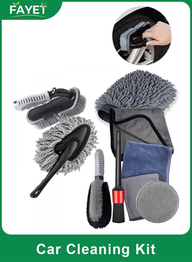 FAYET 9 Pcs Car Detailing Kit with Brushes, Microfiber Towels and Wash Mitt,  Complete Auto Cleaning Set for Wheels, Dashboard, Air Vents and Interior/Exterior Cleaning - Image 1